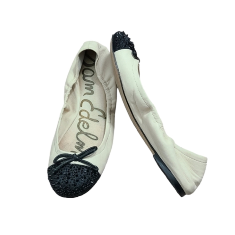 SAM EDELMAN Beatrix Cream & Black Embellished Round Toe Ballet Flats Size 7.5